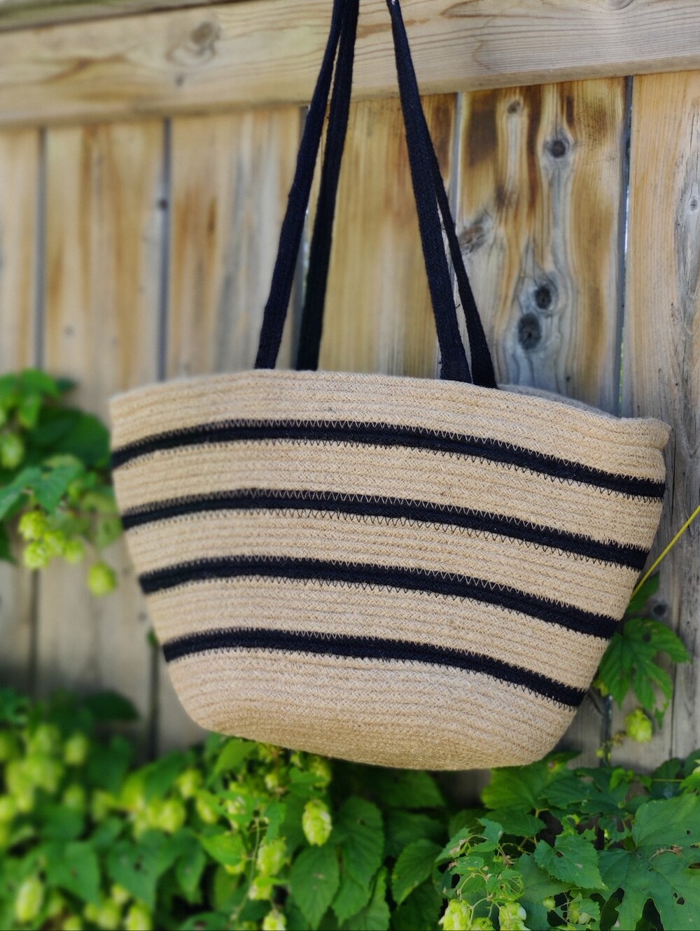 Jute Striped Natural & Black Straw Tote Bag(New)